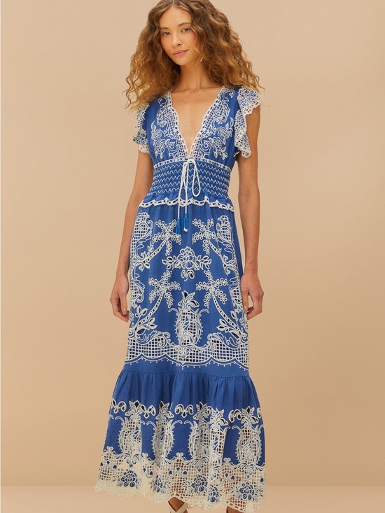FARM Rio Dresses & Skirts - FARM Rio Blue Maxi Dress with White Embroidery